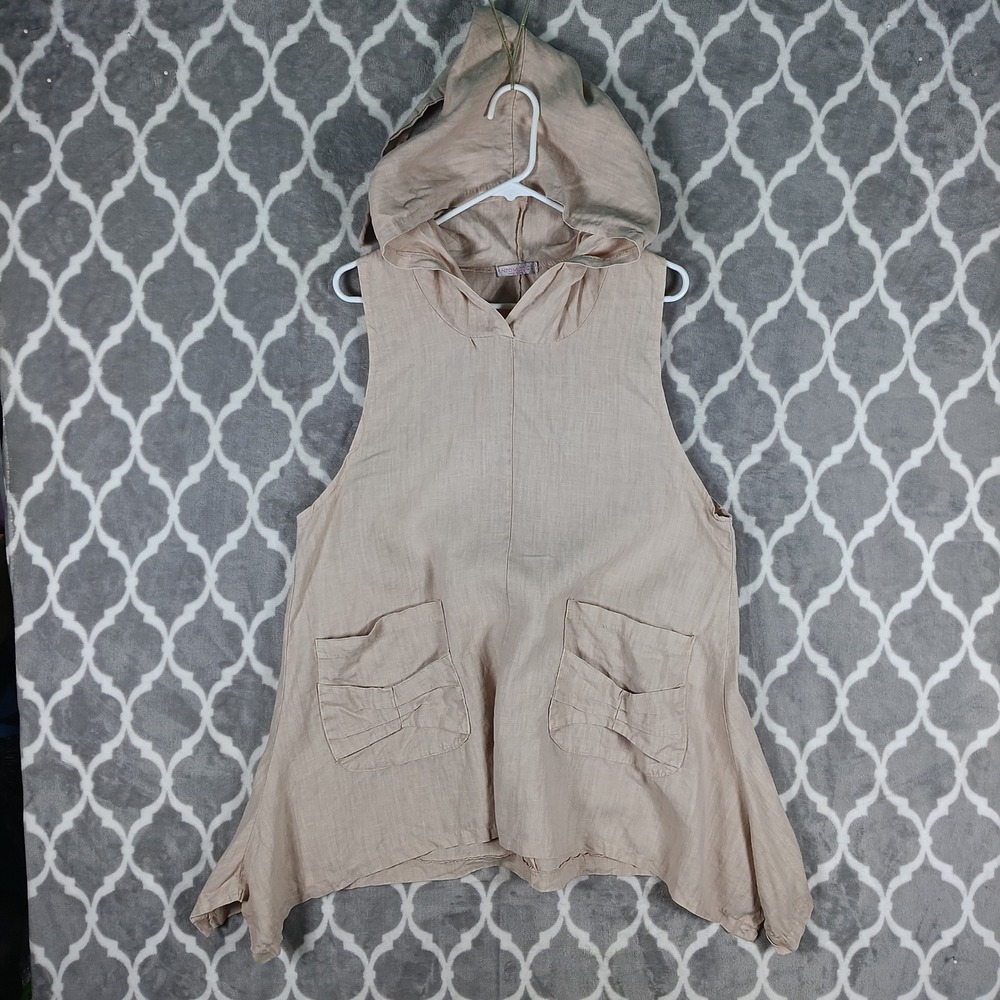 Enzo Miccico Tunic Top Women XL Beige Linen Asymmetrical Sleeveless Hooded ITALY